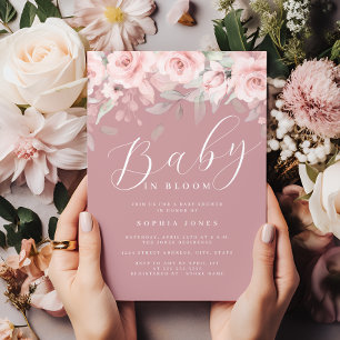 Rosa errötende Floral Girl Baby in Blüte Baby Show Einladung