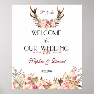 Rosa errötende florale Geweih Willkommens-Hochzeit Poster