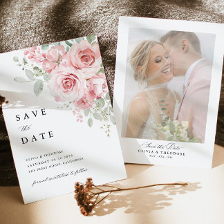 Rosa Errötende Florale Hochzeitsfoto-Rückseite Save The Date