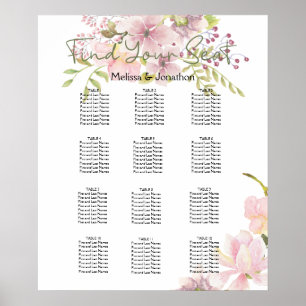 Rosa errötende Magnolien-Blumen-Hochzeit-Sitzplan Poster