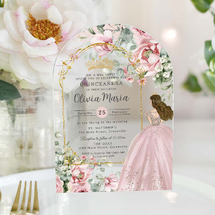 Rosa Errötende Rosen Florale Quinceañera Sweet 16 Acryleinladungen