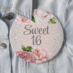 Rosa errötende Rosen Florale Silber Glitter Sweet Button