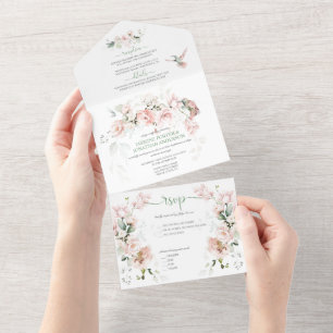 Rosa errötende Rosen Kolibris Salbeigrüne Hochzeit All In One Einladung
