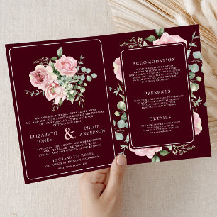 Rosa errötendes Blumen-Hochzeit in Burgunderrot Einladung
