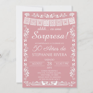 Rosa errötendes Papel Picado Überraschung 50. Gebu Einladung
