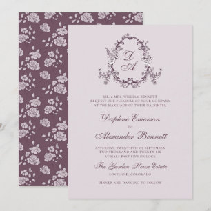 Rosa errötendes vintage-blumenmonogramm-Hochzeit Einladung