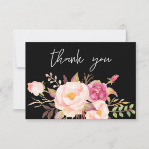 Rosa Errötung Blühend Floral - Schwarz Dankeskarte