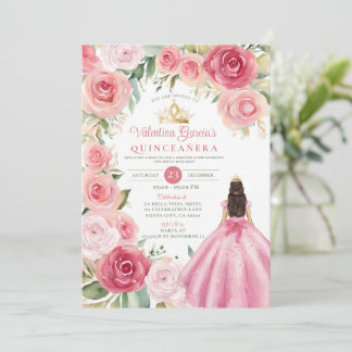 Rosa Errötungs-Quinceañera 15 Jahre Blumen Gold Einladung