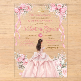 Rosa Errötungs-Schleifen-Blumen-Quinceañera-Kleid Acryleinladungen