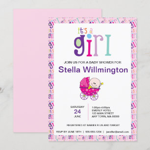 Rosa Es ist ein Mädchen-Kinderwagen Polka Dot-Must Einladung