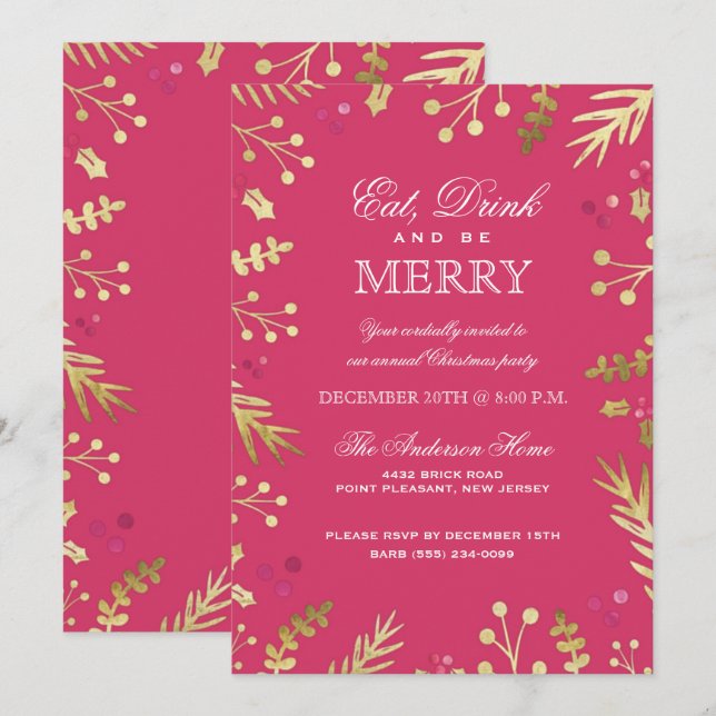 Rosa essen, trinken und frohe Weihnachten Party Einladung (Vorne/Hinten)