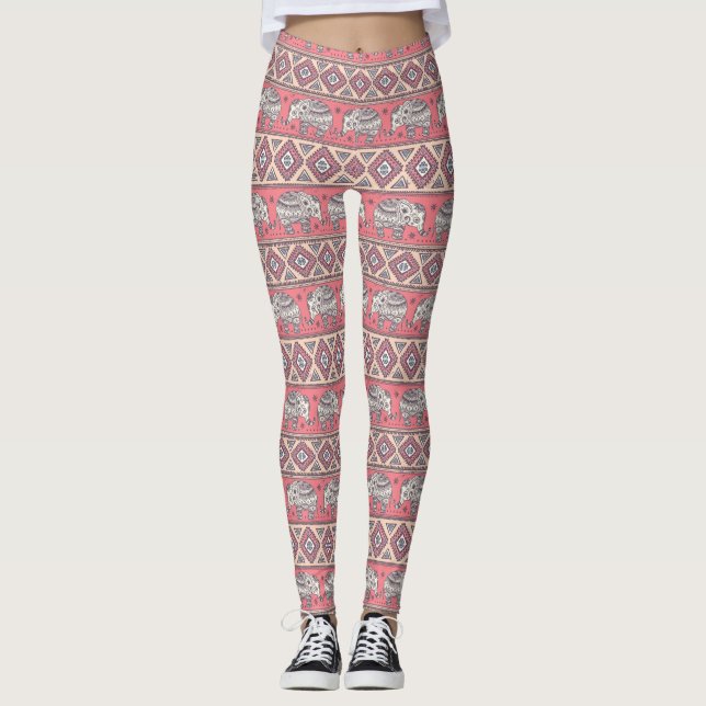 Rosa ethnisches Elefant-Muster Leggings (Vorderseite)