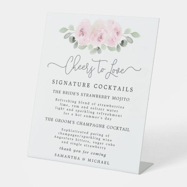 Rosa Eukalyptus Cocktails Hochzeit-Bar Sockelschild (Vorderseite)