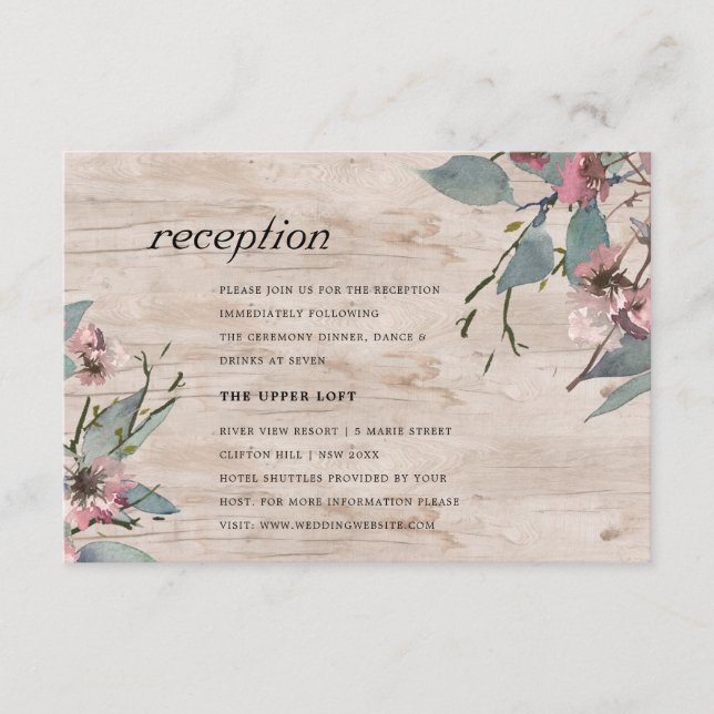 Rosa Eukalyptus Floral Hochzeitsempfang Begleitkarte (Vorderseite)