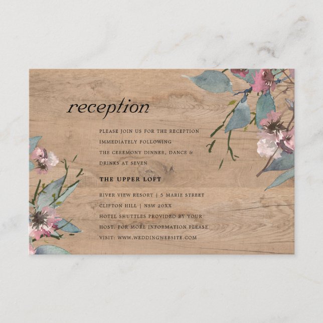 Rosa Eukalyptus-Hochzeitsempfang aus Holz Begleitkarte (Vorderseite)