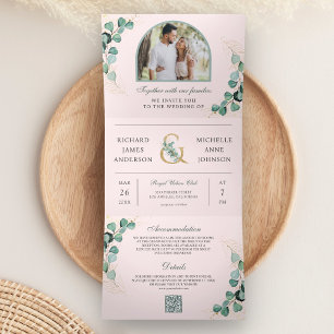 Rosa Eukalyptus-Torbogen Foto QR-Code Hochzeit Dreifach Gefaltete Einladung