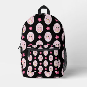 Rosa Eule und Blume im schwarzen Hintergrund Bedruckter Rucksack