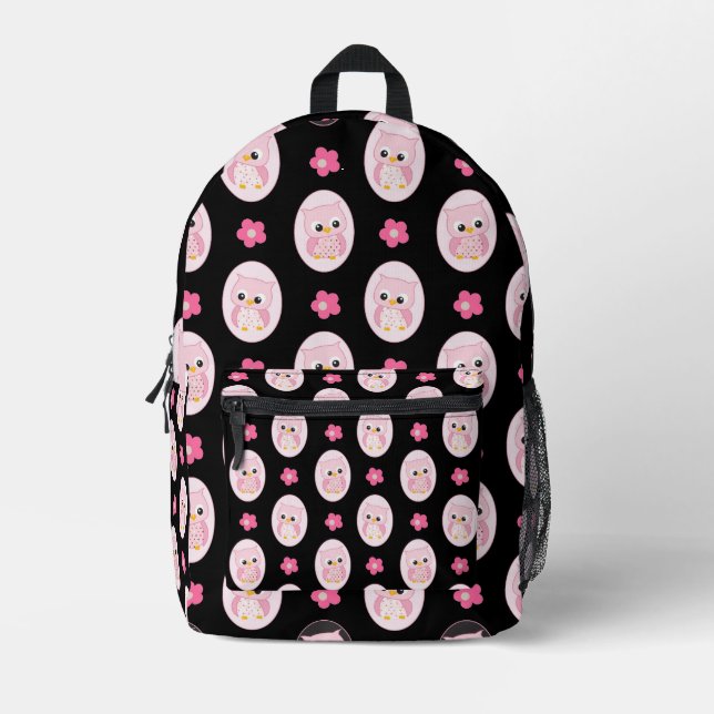 Rosa Eule und Blume im schwarzen Hintergrund Bedruckter Rucksack (Vorderseite)
