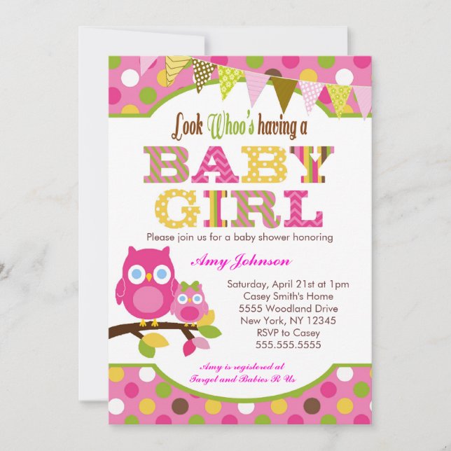Rosa Eulen-Babyparty-Einladungen - Baby Einladung (Vorderseite)
