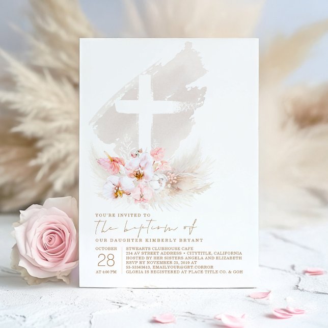 Rosa Exotische Blume Kreuzpampas Gras Girl Taufe Einladung (Pink Baptism Invitation)