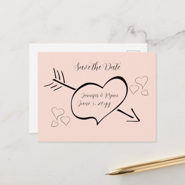Rosa Extravagante Kalligraphie - Herzen Save the D Postkarte (Vorderseite/Rückseite Beispiel)
