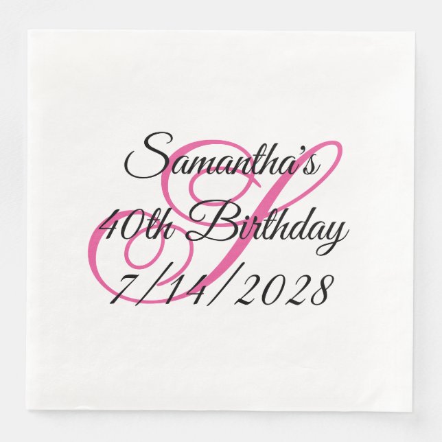 Rosa Extravagante Monogramm 40. Geburtstag Serviette (Vorderseite)