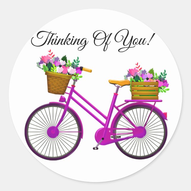 Rosa Fahrrad mit Korb von Blume Runder Aufkleber (Vorderseite)