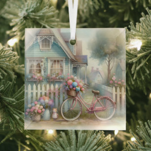 Rosa Fahrradblume am Tor des blauen Cottage Ornament Aus Glas