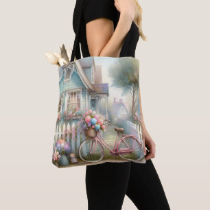 Rosa Fahrradblume am Tor des blauen Cottage Tasche