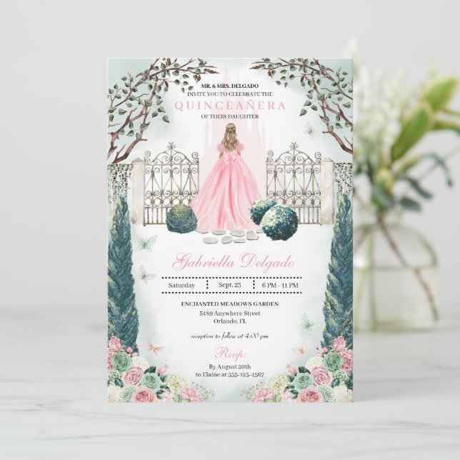 Rosa Fairytale Castel San Giorgio Einladung (Stehend Vorderseite)