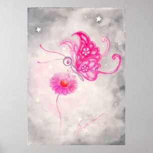 Rosa Fantasie-Schmetterling auf Gänseblümchen Poster