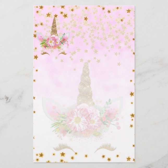 Rosa Fantasie und goldene Sterne Einhorn Briefpapier (Vorderseite)