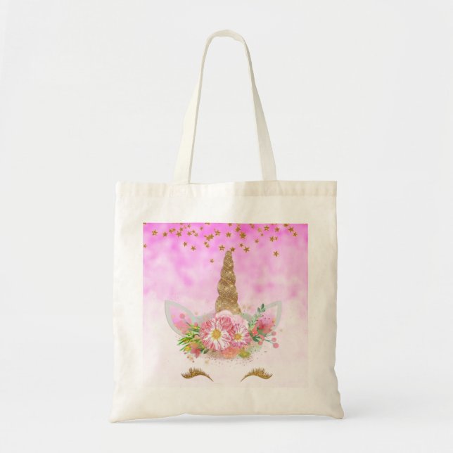 Rosa Fantasie und goldene Sterne Einhorn Tragetasche (Vorne)