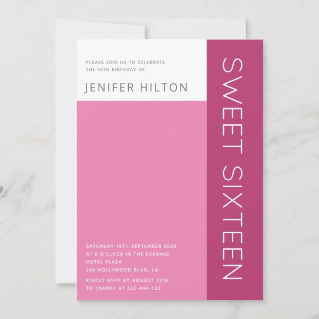 Rosa Farbblock 16 . Geburtstag Einladung (Vorderseite)
