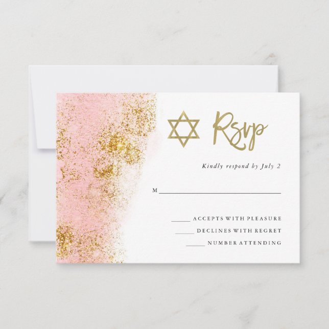 Rosa Farbe | Imitate Gold Bat Mitzvah RSVP Karte (Vorderseite)
