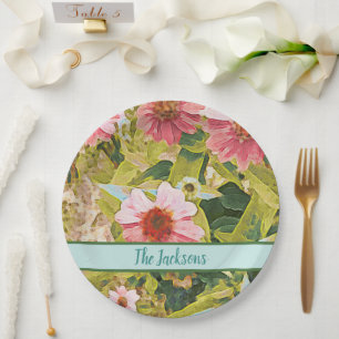 Rosa Farben Grüne Blätter Name Personalisiert Pappteller