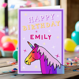 Rosa Farbenfrohe Einhorn Girl Happy Birthday Card Karte