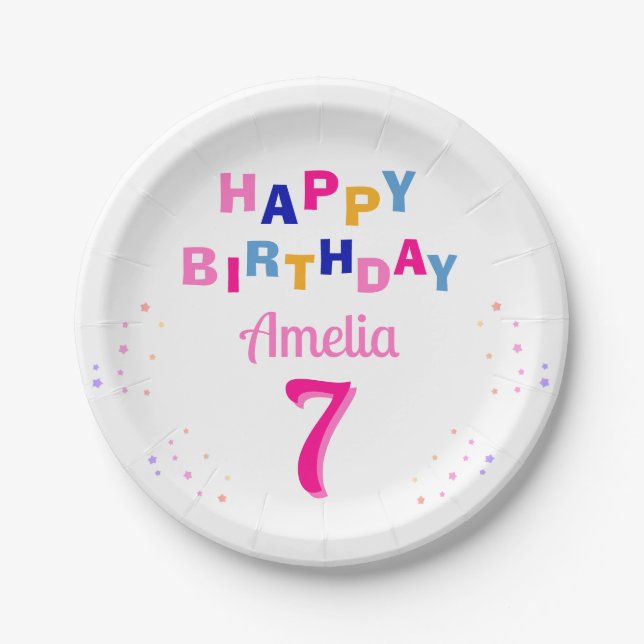 Rosa farbenfrohe Sterne Girl Happy Birthday Party Pappteller (Vorderseite)