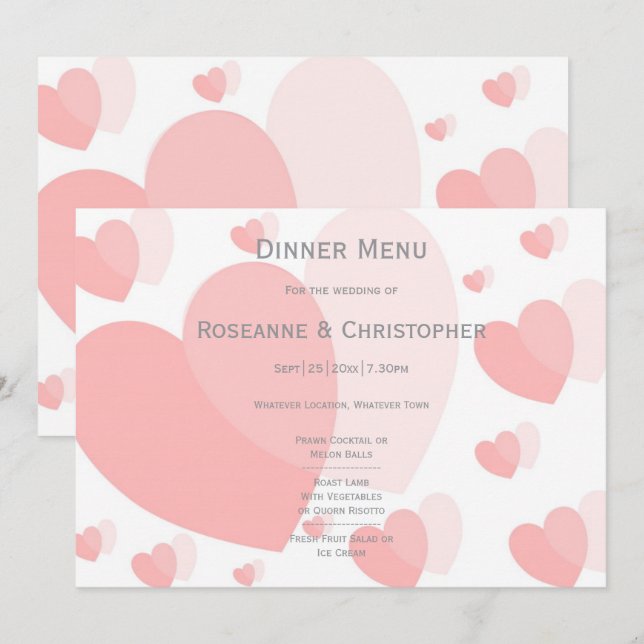 Rosa farbige Herz-Design-Hochzeit Menükarte (Vorne/Hinten)