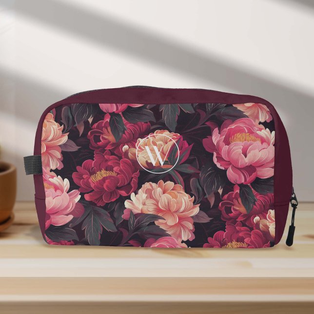 rosa farbige Vintage Blume, Monogramm Waschbeutel (Red pink flower pattern, women's dopp kit.)