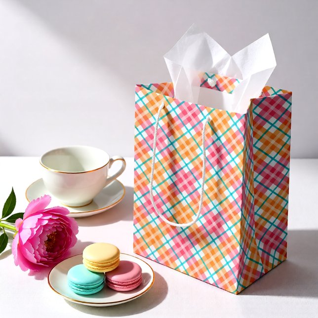 Rosa farbiger Teersommer Mittlere Geschenktüte (Colorful Summer Plaid – Pink, Peach & Teal Medium Gift Bag)