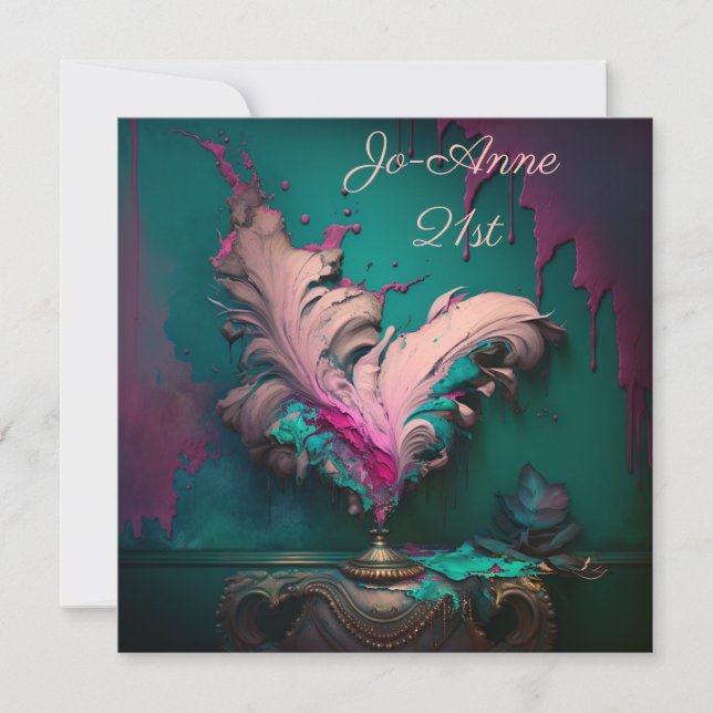 Rosa Federn bemalt Einladung (Vorderseite)