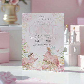Rosa Feenpilz erster Geburtstag Garten Einladung