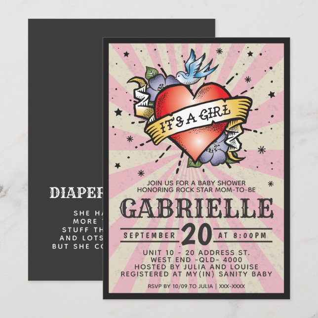 Rosa Felsen und Roll Tattoo Kinderdusche Einladung (Vorne/Hinten)