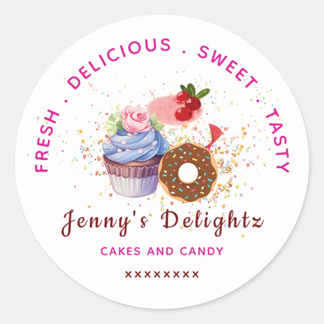 Rosa feminine Kuchen und Bonbons Runder Aufkleber (Vorderseite)
