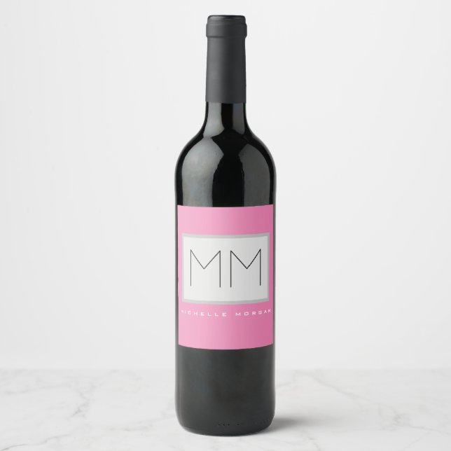 Rosa fett Monogramm Moderne Minimalistische Namens Weinetikett (Vorderseite)