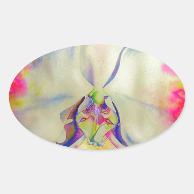 Rosa Feuer Orchid, surrealfarbene Aquarellbilder Ovaler Aufkleber (Vorderseite)