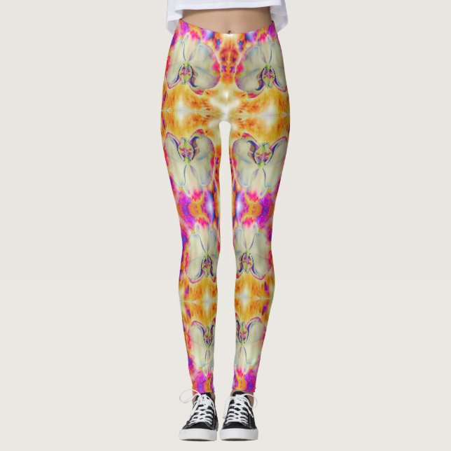 Rosa Feuer Orchid surrealfarbene Aquarellblume Leggings (Vorderseite)