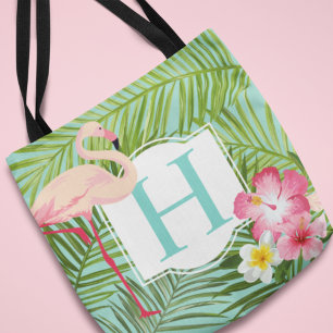 Rosa Flamingo Aqua Tropisches Monogramm Floral Tasche