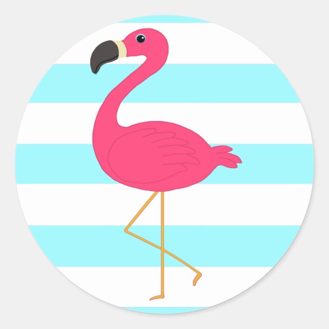 Rosa Flamingo auf Aquamarinen Streifen Runder Aufkleber (Vorderseite)